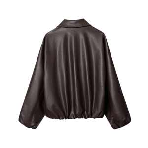 Brown Color Turn <b>Down</b> Collar Zipper Fly Drop Shoulder Long Sleeve Casual Fashion PU Leather <b>Jacket</b> Coat for <b>Women</b> - Product Image 4