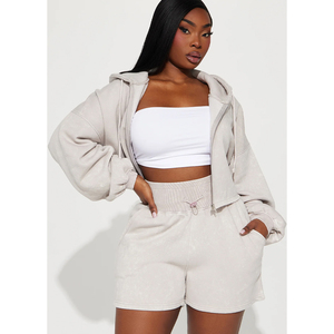 Conjunto de Sudadera Corta y Pantalones Cortos para Mujer, Estilo Desgastado con Lavado Ácido, Corte Holgado, Liso, Tallas Grandes, Algodón Premium, Ropa Urbana - Product Image 4