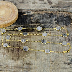 Collier en argent sterling 925 plaqué or 18 carats avec pendentif en pierre gemme de rutile noir naturel de forme fantaisie - Product Image 2