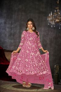 Elegante traje Anarkali rosa para mujer, con estilo para fiestas y bodas, manga 3/4, crepé de georgette, semicosturado. - Product Image 3
