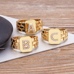 Bagues ajustables carrées QIKU avec lettres pour femme, zircon, lettres A-Z, 26 initiales, alphabet A <span class=keywords><strong>B</strong></span> C D E F G H I J K L <span class=keywords><strong>M</strong></span> N O P Q R S - Product Image 2