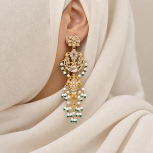 Gold Plated Long Kundan Style <b>Chandelier</b> Earrings with <b>Green</b> Beads and Faux Pearls Bridal Jewelry Manufacturer Bulk Supply - Product Image 3