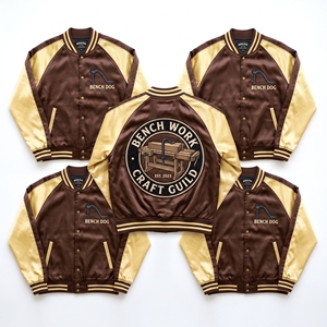 En gros Blouson universitaire bomber en satin à manches raglan et boutons-pression, marron et or pâle, avec broderie au dos sur le thème du travail, de l'artisanat et du travail du bois - Product Image 1
