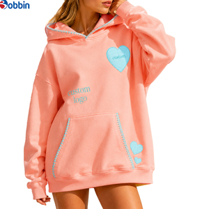 Women Clothing Women's Oversized Hoodies New Arrival Custom Heart Patch Embroidery & Contrast <b>Blanket</b> <b>Stitch</b> Pullover Hoodies - Product Image 2