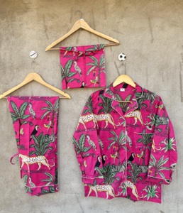 Elegante Conjunto de Pijama de 3 Piezas con Estampado de Jungla para Mujer, Ropa de Dormir de Algodón Rosa, Estampado de Leopardo y Cebra, Ropa de Casa de Lujo con Botones, Traje de Noche - Product Image 5