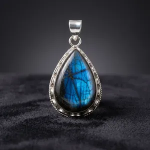 Sterling Silver Blue Fire Labradorite Indian Handmade Jewelry Set Teardrop Pendant Earrings Natural Gemstone Bohemian Women Gift - Product Image 2