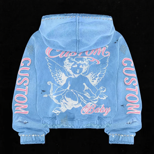 Sweat à capuche en jean personnalisé unisexe bleu clair, coupe oversize, avec poches et strass, style preppy, idéal pour le printemps - Product Image 2