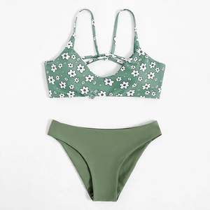 Conjunto de Bikini con Estampado Floral para Mujer, Top Halter Cruzado, Braguita Hipster, Traje de Baño de Dos Piezas de Spandex y Poliéster, Ropa de Playa - Product Image 4