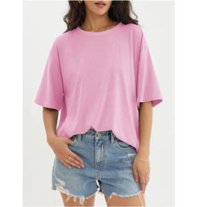 Camiseta Rosa Regular para Mujer, de Algodón, Hombros Caídos, Manga Corta, Cuello Redondo, Estilo Casual Urbano, Tela Suave y Transpirable, Personalizada de Alta Calidad - Product Image 1
