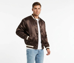 Men's Brown Satin Varsity Jacket Regular Fit Solid Color Turn-down Collar Button Closure Left Sleeve Logo Autumn Casual Wear - Product Image 3
