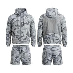Two Piece Camouflage <b>Camo</b> Print Gray White Pattern Windbreaker Short Set Breathable Hooded <b>Jacket</b> And Shorts Sets - Product Image 1