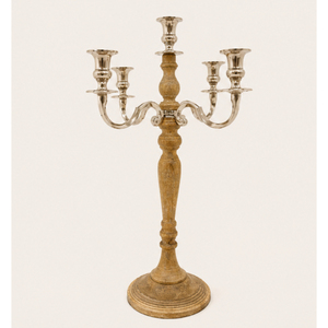 5 Arm Wooden and <b>Silver</b> Metal Candelabra Tall <b>Candlestick</b> Holder Tabletop Centerpiece Stand for Wedding Party and Hotel Decor - Product Image 1