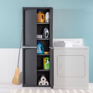 Armadio di Stoccaggio a 4 Ripiani con Serratura e Ripiani Regolabili, Unità di Scaffalatura in Plastica Grigia per Garage e Dispensa - Product Image 4