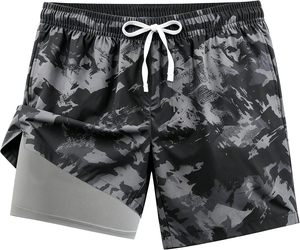 Shorts de bain décontractés pour hommes, bleu marine, couleur unie, séchage rapide, taille à cordon de serrage, avec doublure intérieure rose, confortables - Product Image 6