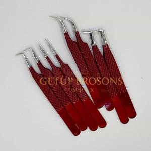 แหนบดัดขนตาปลายแหลมสีเงินเคลือบผงสีแดง 90 องศา/โค้ง/ตรง ทำจากสแตนเลส อุปกรณ์เสริมความงาม - Product Image 5