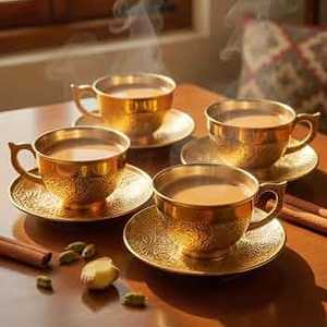 Luxury Brass <b>Tea</b> <b>Set</b> with Teapot, <b>Cups</b>, Saucers and Serving Tray – Traditional Indian Handcrafted Brass <b>Tea</b> & Coffee <b>Set</b> - Product Image 1