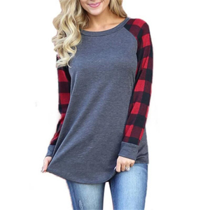 Camiseta Casual de Manga Larga con Cuello Redondo y Estampado a Cuadros Buffalo para Mujer, Mezcla de Algodón, Ropa de Moda Otoño Invierno, Venta al Por Mayor - Product Image 4