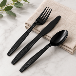 Ensemble de couverts en plastique noir, fourchette, cuillère, couteau, ustensiles jetables, écologiques, sans danger pour les aliments, style moderne, matériau PP, utilisation en voyage - Product Image 3
