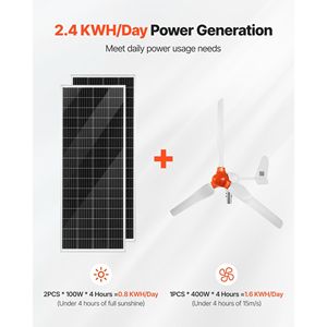 Kit de Energía Solar y Eólica de 1000W: 2 Paneles Solares de 100W, Turbina Eólica de 400W, Batería LiFePO4 de 12.8V 100Ah, Inversor de 12V 600W - Product Image 2