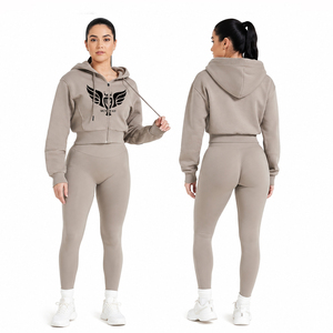 Ensemble de survêtement pour femme, sweat à capuche court zippé et leggings, coupe ajustée, tenue de sport, fitness, yoga, ensemble 2 pièces - Product Image 1