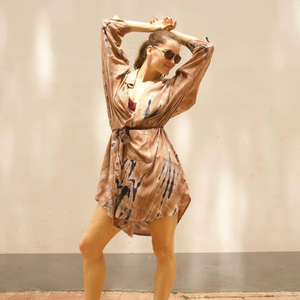 Vestido tipo túnica de rayón para mujer, manga larga, cuello en V, cinturón, corte holgado, estilo bohemio, para la playa, vestido informal mini - Product Image 1