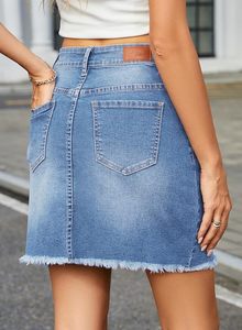 High Waisted Denim Mini <b>Skirt</b> Solid Color Distressed Pockets Casual Women's Pencil Fit Regular Size Spring Style - Product Image 6