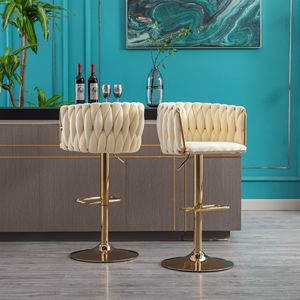 Set of 2 Velvet <b>Bar</b> <b>Stools</b> with Chrome Footrest Simple <b>Bar</b> Chair with Height <b>Adjustable</b> Mechanical Lifting and Golden Leg - Product Image 2