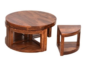Table basse ronde en bois massif pour gagner de la place avec 4 tabourets |   Table basse circulaire artisanale avec tabouret compensé |   Vente en gros en Inde - Product Image 5