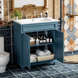 Mobile bagno freestanding da 30 pollici con lavabo in resina, ripiano portaoggetti e armadietto - I migliori mobili bagno di Sol - Product Image 4