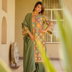 <b>Womens</b> Green Chinon Silk Sharara <b>Suit</b> Set With Aari Mirror Work Digital Print Pearl Dupatta Fully Stitched Festive <b>Wedding</b> - Product Image 1