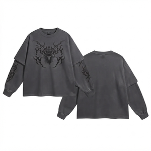 เสื้อยืดแขนยาวผู้ชายสีเทาชาร์โคลทรงหลวมโอเวอร์ไซส์ ลายเฮเธอร์/คัลเลอร์บล็อก ผ้าโพลีเอสเตอร์ 100% แห้งเร็ว - Product Image 1