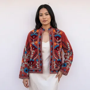 Bohemian Velvet Machine Embroidered Floral Reversible Breathable Knitted Eco-Friendly Quilted Ethnic Cotton Shell Bomber Jacket - Product Image 1