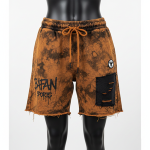 Shorts de mujer premium de 300 GSM, de algodón y poliéster, con lavado ácido, color naranja y negro, con panel de parche y logotipo bordado. - Product Image 4