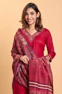Ensemble Kurti et Palazzo en Rayonne pour Femme, Manches Trois Quarts, Doublure en Coton, Col en V, Dupatta à Imprimé Placé, Tailles S-3XL - Product Image 3