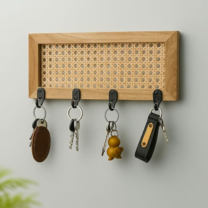 Handmade Rattan Key Holder for <b>Wall</b> Solid Wood & Cane Key Hanger Rack, <b>Wall</b> Mounted Key Organizer Bedroom & Home Décor - Product Image 1