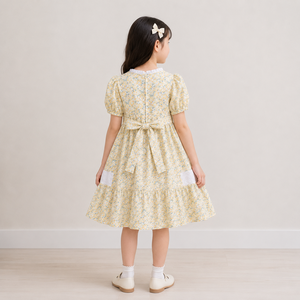 ชุดเดรสเด็กผู้หญิงสีเหลืองลายดอกไม้แบบมีชั้นพร้อมแขนพอง |   ชุดลำลองสวยหรู - Product Image 4