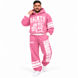 Ensemble survêtement rose personnalisé avec sweat à capuche et pantalon de jogging pour homme, imprimé sérigraphié, style streetwear, REXFITSPORTS, vêtements en gros OEM - Product Image 5