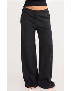 Pantalon de survêtement en molleton noir pour femme, coupe large, décontracté, avec cordon de serrage, taille mi-haute, ample, tricoté, longueur intégrale, pour la détente - Product Image 3