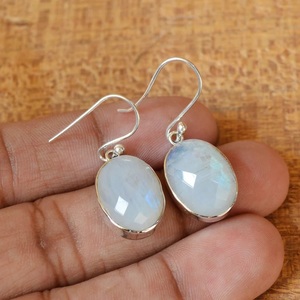 Handmade Oval Moonstone Hook Earrings 925 Sterling Silver June Birthstone Gemstone Jewelry - Product Image 1