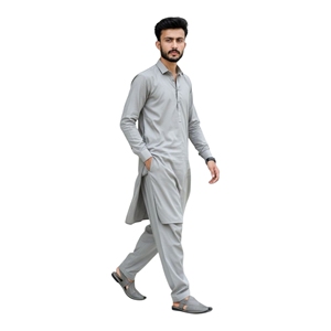 <b>Men</b> Cotton <b>Kurta</b> Pajama Set Gray Ankle-Length Regular Fit Traditional Casual Wear India Pakistan Style - Product Image 1
