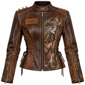 Brown <b>Women</b> Genuine Leather Biker <b>Jacket</b> Custom Cowgirl Print Side Laced Embossed Studded Outerwear OEM Factory Service - Product Image 1