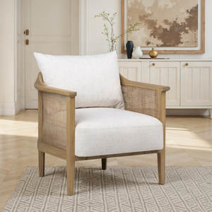Mindi Wood Accent Chair with Rattan Accents Polyester Blend Upholstered <b>for</b> <b>Living</b> <b>Room</b> - Product Image 4