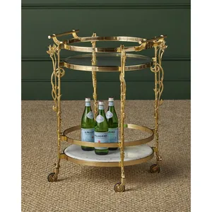 Carrito de Bar Redondo de Metal Dorado con Base de Mármol y Estante de Vidrio, Diseño de Planta, Estilo Glamuroso, Carrito Rodante Resistente para Fiestas - Product Image 1
