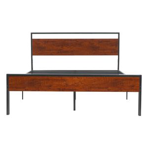 Struttura letto a piattaforma in metallo nero King Size stabile con testiera e pediera in legno marrone retrò, altezza 14 pollici - Product Image 3