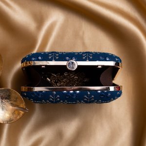 Blue Based <b>Silver</b> Threadwork Embroidery <b>Clutch</b> Bag Elegant Designer Evening Purse for Women Events - Product Image 3