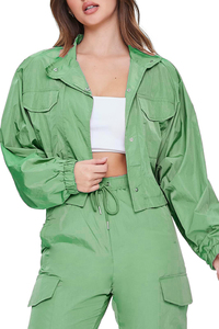 Conjunto de Chaqueta Bomber Verde Corta con Mangas Farol y Cuello Redondo, Estilo Formal, Corte Holgado, Atuendo de Primavera Unisex, Resistente al Viento e Impermeable - Product Image 4