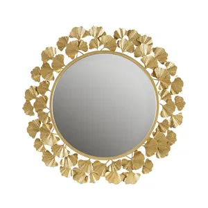 Miroir mural circulaire plaqué or avec motif de feuillage, décoration moderne pour salon et chambre à coucher - Product Image 1