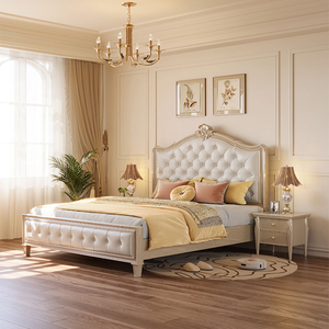 Premium European French <b>Antique</b> Eco-Friendly Upholstered <b>Bed</b> Set Solid Wood Structure Tufted Headboard for Luxury Master Bedroom - Product Image 2