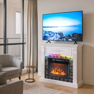 Mobile TV Minimalista Bianco Shaker da 43 Pollici con Camino Integrato, Luci RGB e Supporto per TV LED, per Soggiorno (Estensibile fino a 18 Pollici) - Product Image 6