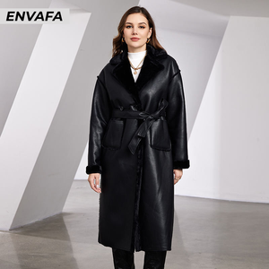 High Quality Luxury Belted Turndown Collar Wholesale Customize Thick Winter Solid Casual PU Leather <b>Fur</b> Coat Women's Long Coat - Product Image 1
